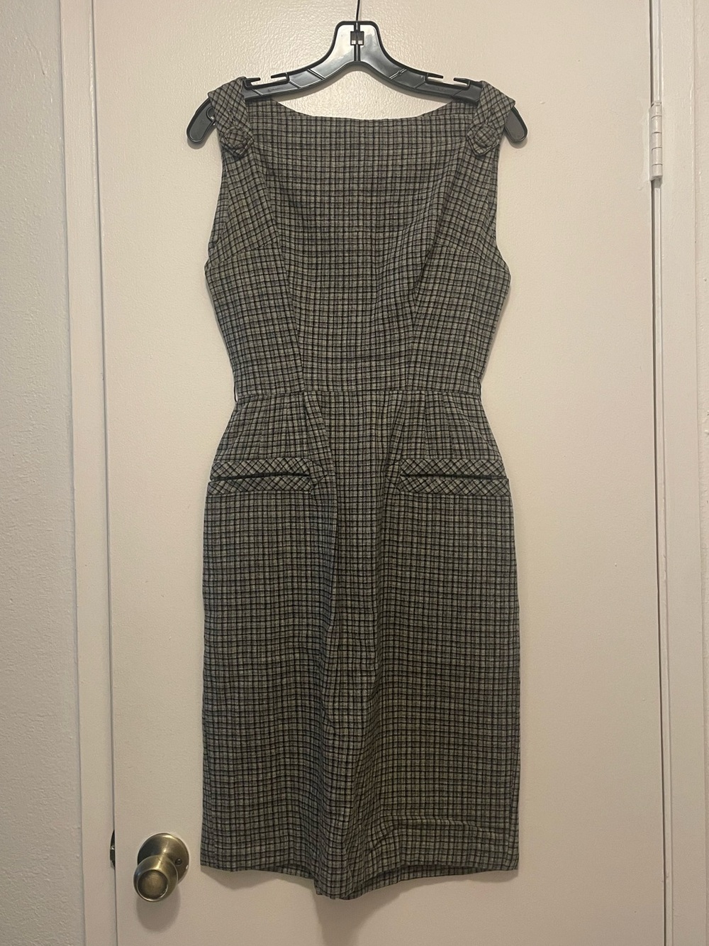 Vintage Jeane Scott Wool Dress Gray Plaid Sleeveless Square Boat Neck 1960s